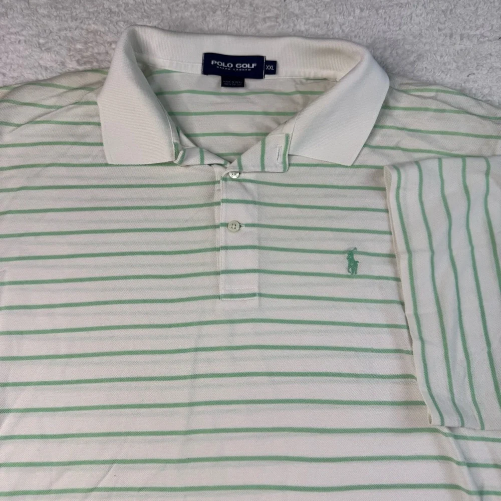 Polo Golf Shirt Mens Large Green White Striped 100% Prima Cotton Ralph Lauren‎
